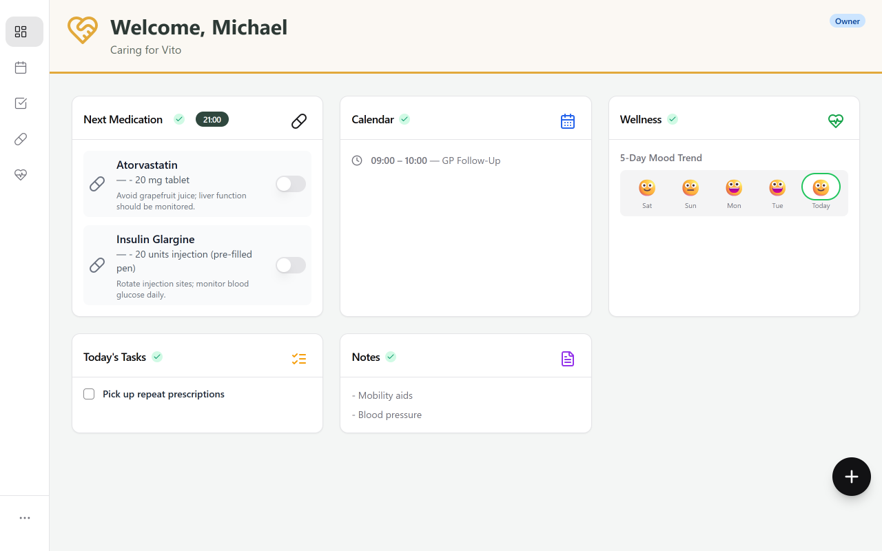 Kinclara dashboard showing next medication, calendar, wellness, tasks, and notes.